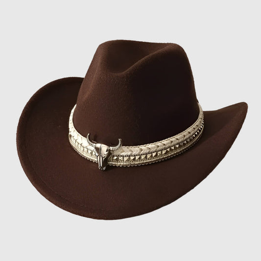 Chapeau cowboy en feutre unisexe avec détail tête de taureau