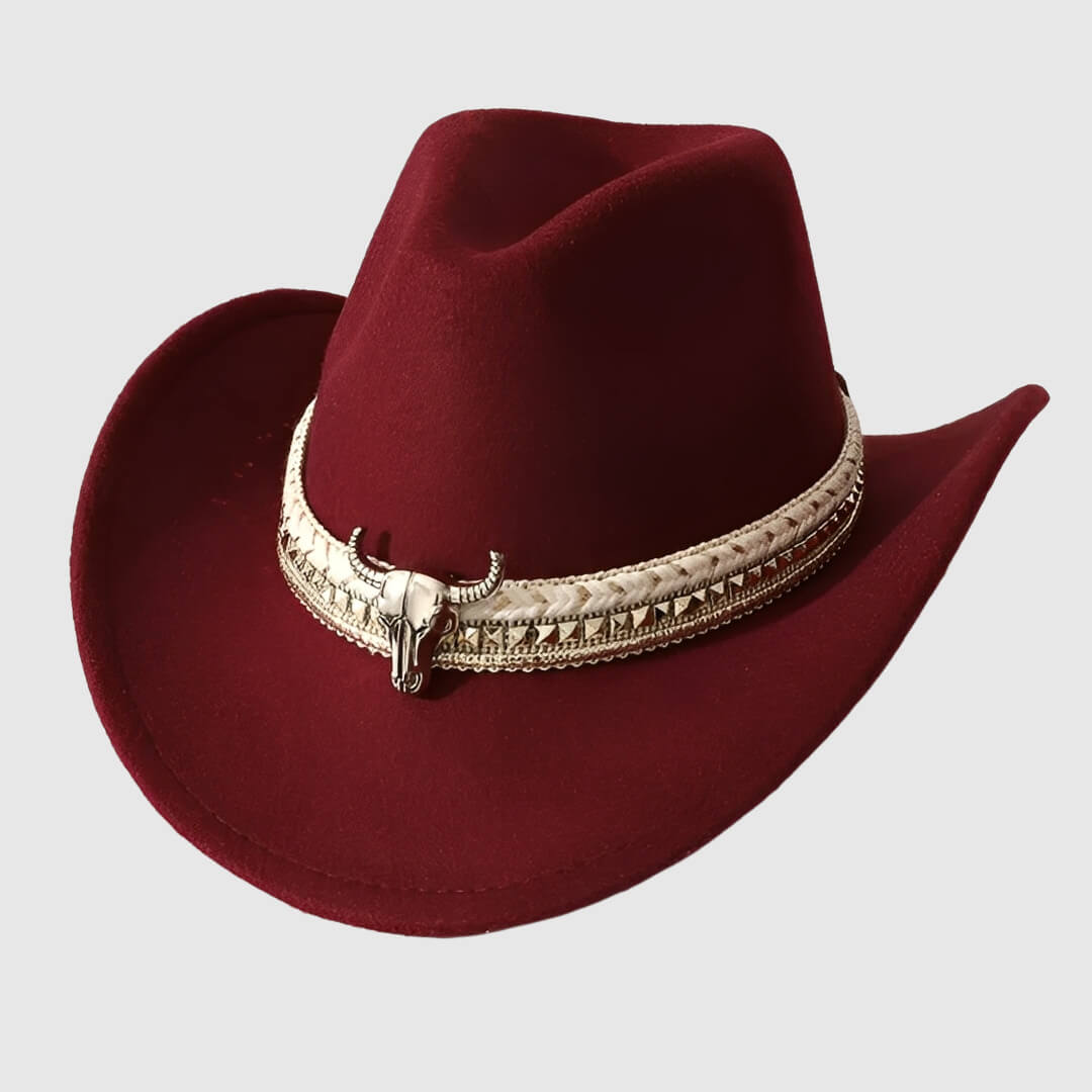 Chapeau cowboy en feutre unisexe avec détail tête de taureau