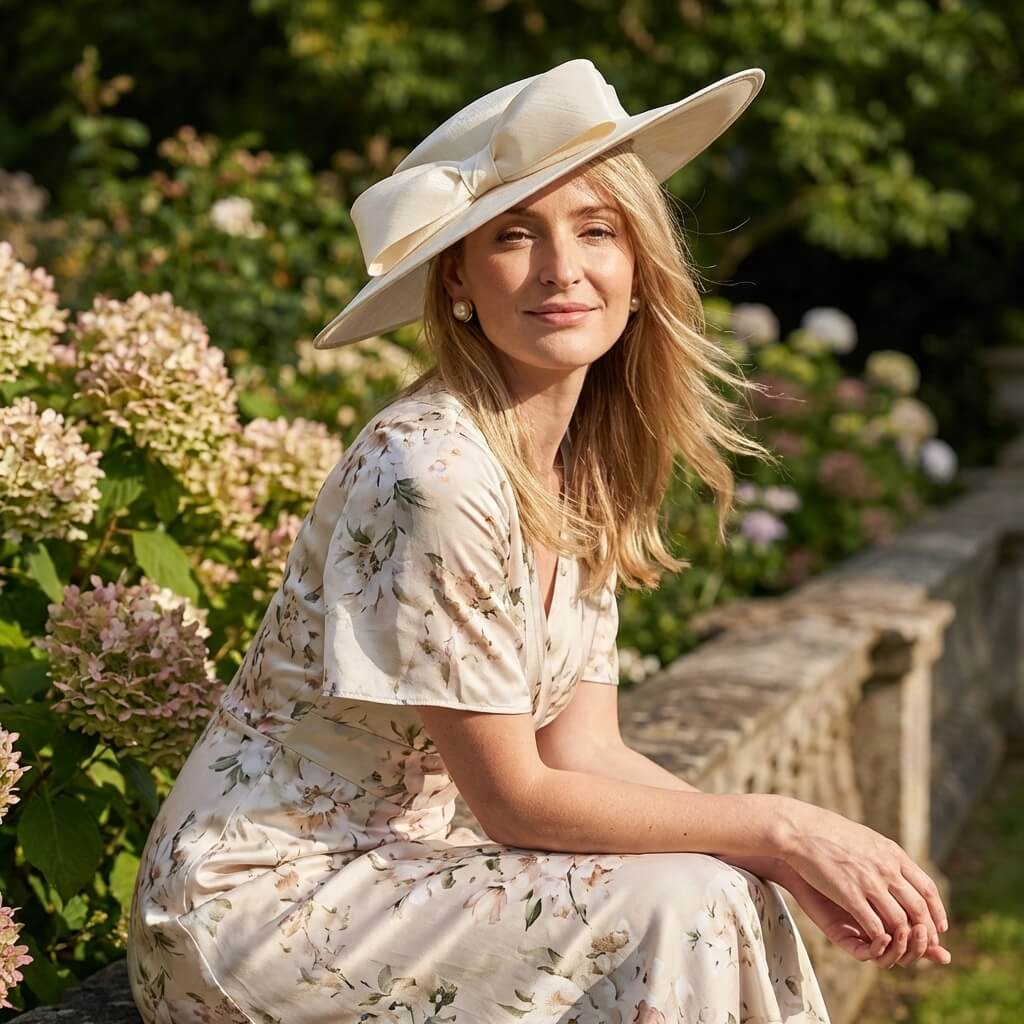 Chapeau de mariage à large bord et grand nœud pour femme