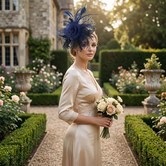Chapeau de mariage fleur en voile et plumes sur serre-tête