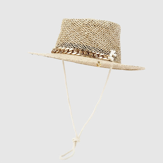 Chapeau de paille pour femme à chaîne décorative