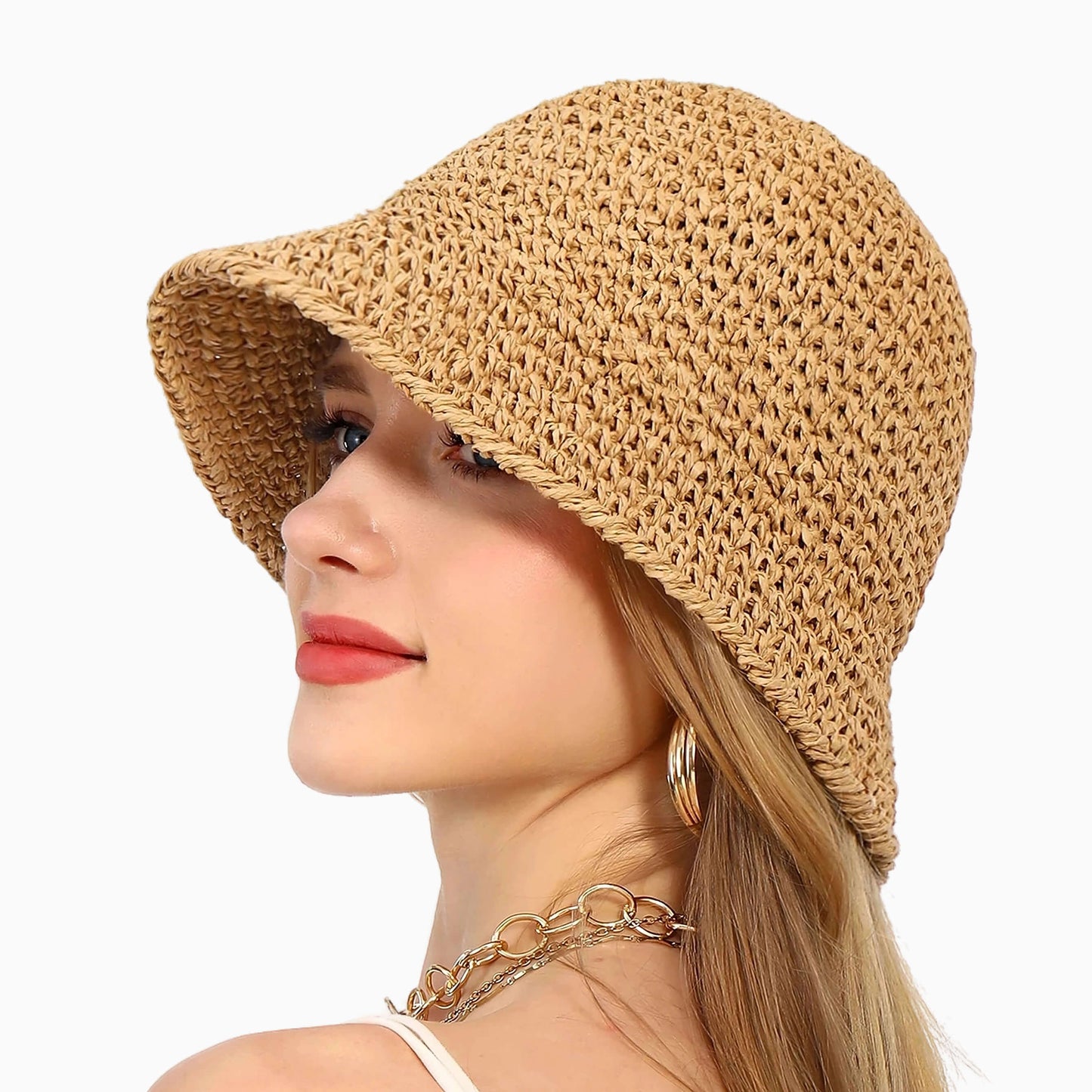 Chapeau de paille pour femme style bob crochet anti‑UV