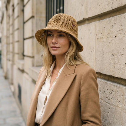 Chapeau de paille pour femme style bob crochet anti‑UV