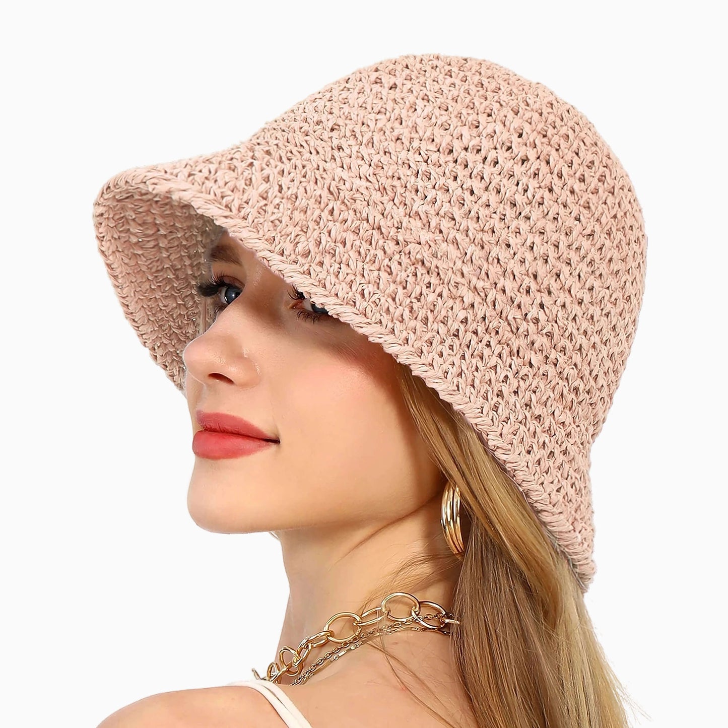 Chapeau de paille pour femme style bob crochet anti‑UV
