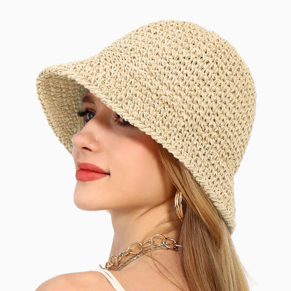 Chapeau de paille pour femme style bob crochet anti‑UV