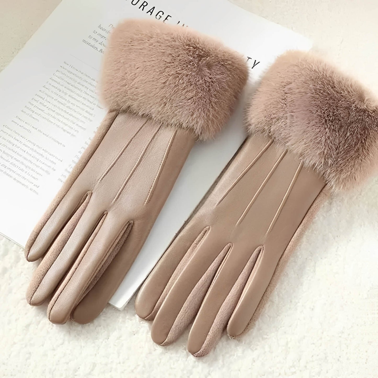 Gants femme hiver luxe en similicuir avec fausse fourrure