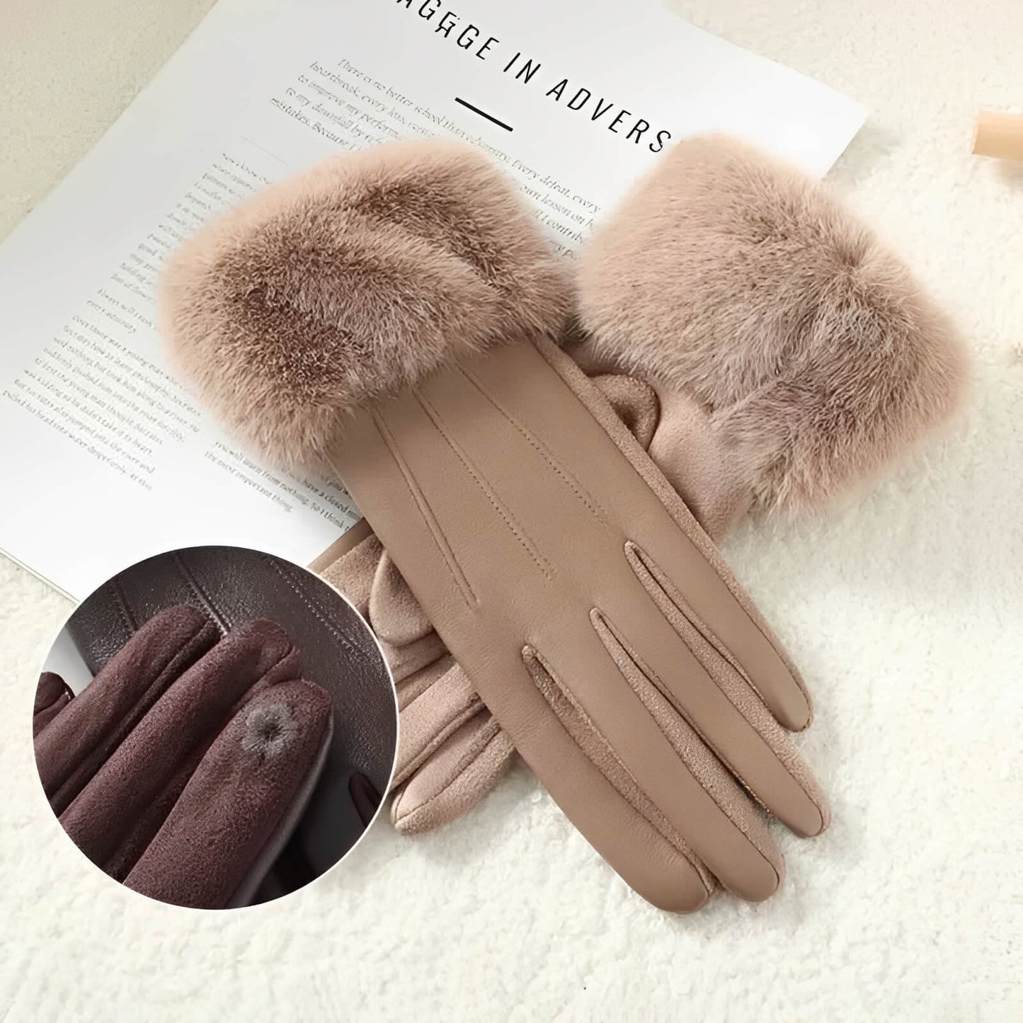 Gants femme hiver luxe en similicuir avec fausse fourrure