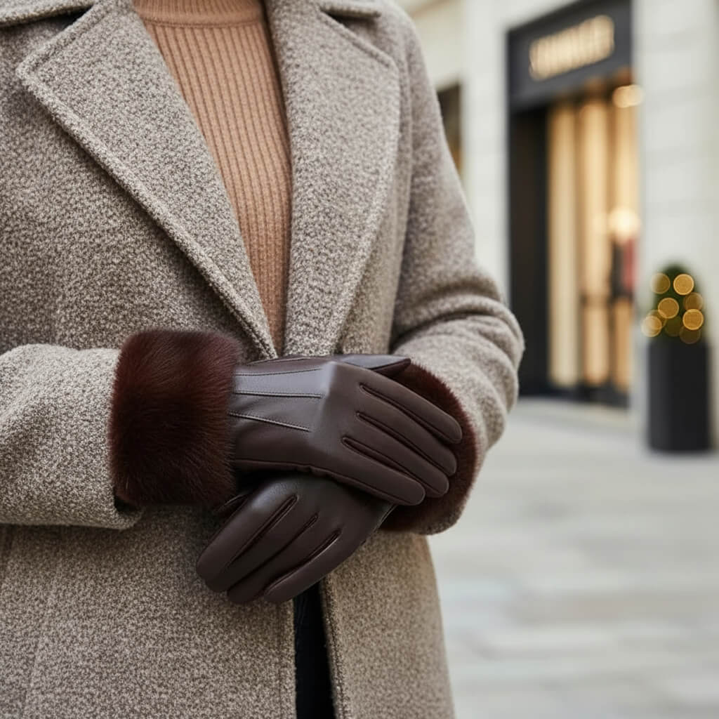 Gants femme hiver luxe en similicuir avec fausse fourrure