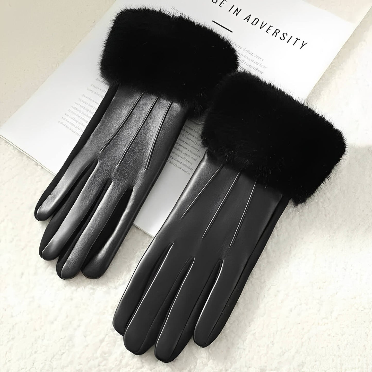 Gants femme hiver luxe en similicuir avec fausse fourrure