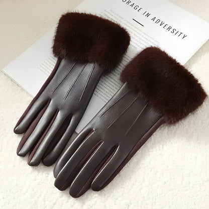 Gants femme hiver luxe en similicuir avec fausse fourrure