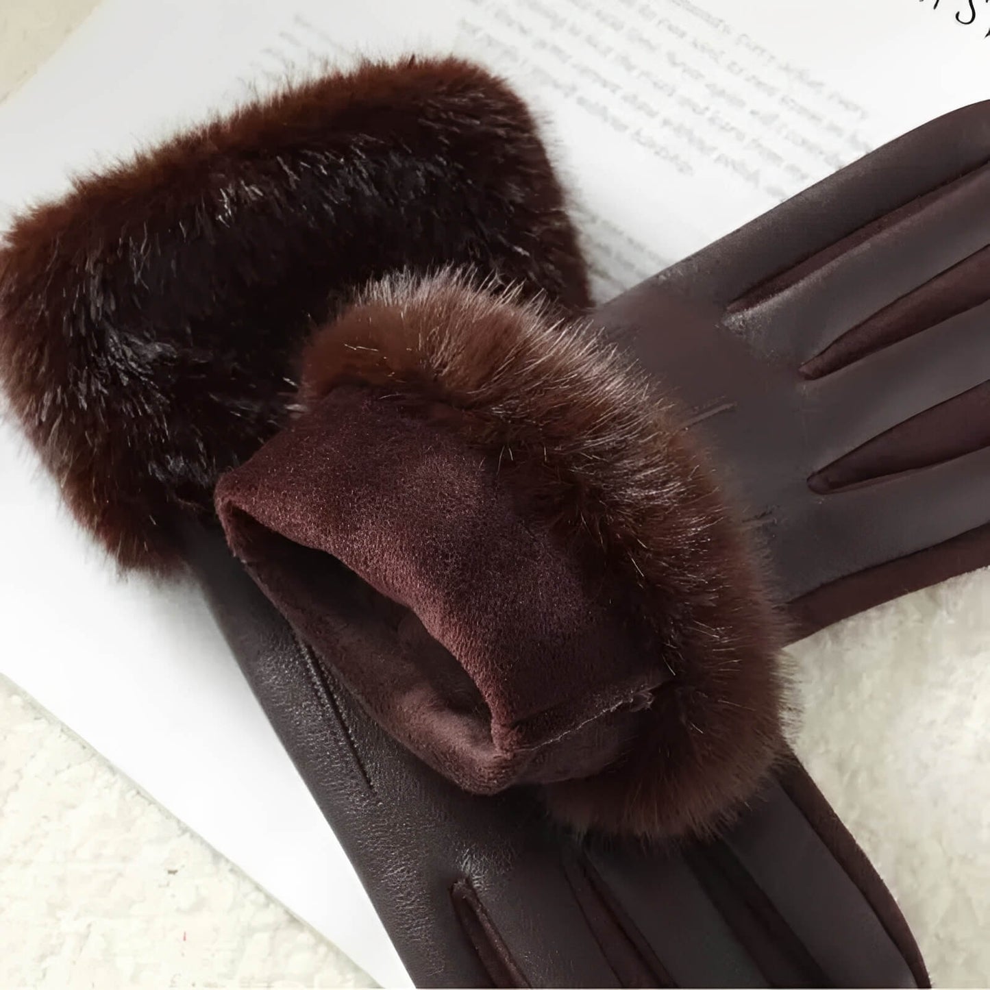 Gants femme hiver luxe en similicuir avec fausse fourrure