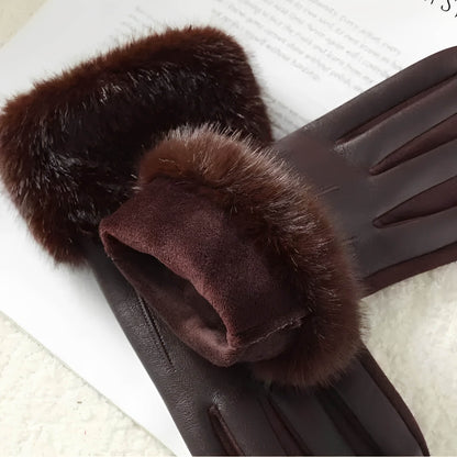 Gants femme hiver luxe en similicuir avec fausse fourrure