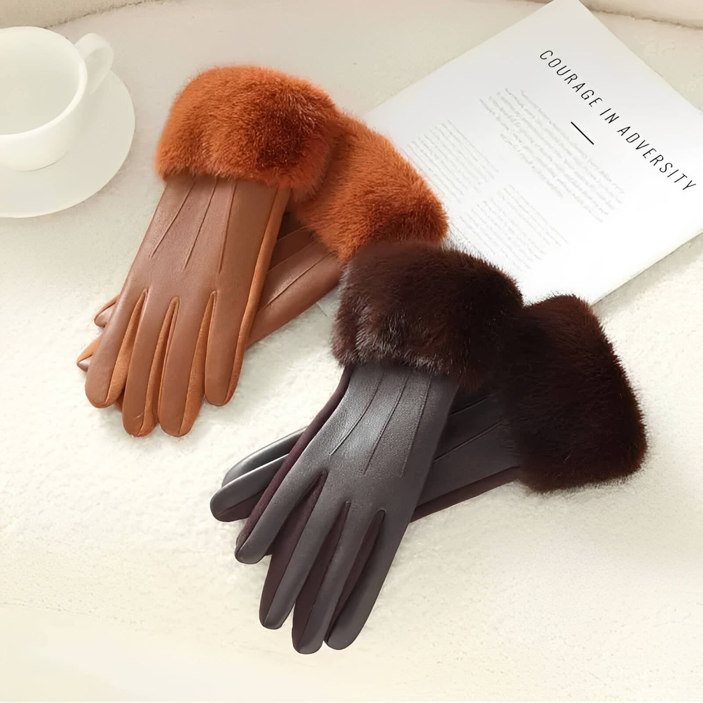 Gants femme hiver luxe en similicuir avec fausse fourrure
