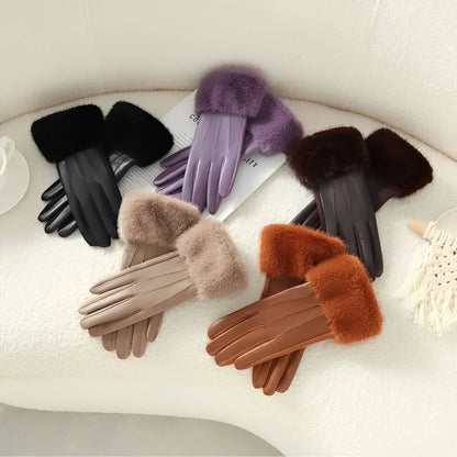 Gants femme hiver luxe en similicuir avec fausse fourrure