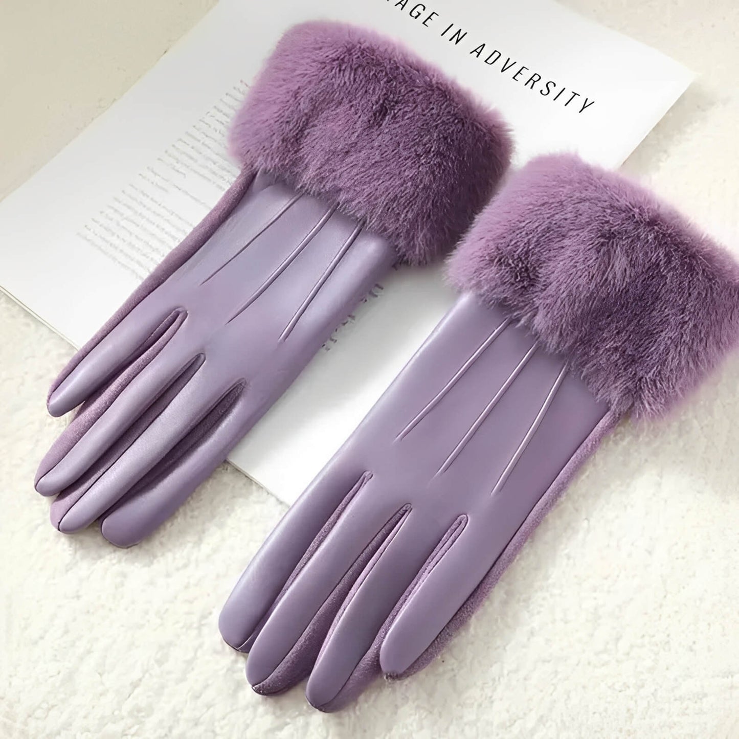 Gants femme hiver luxe en similicuir avec fausse fourrure